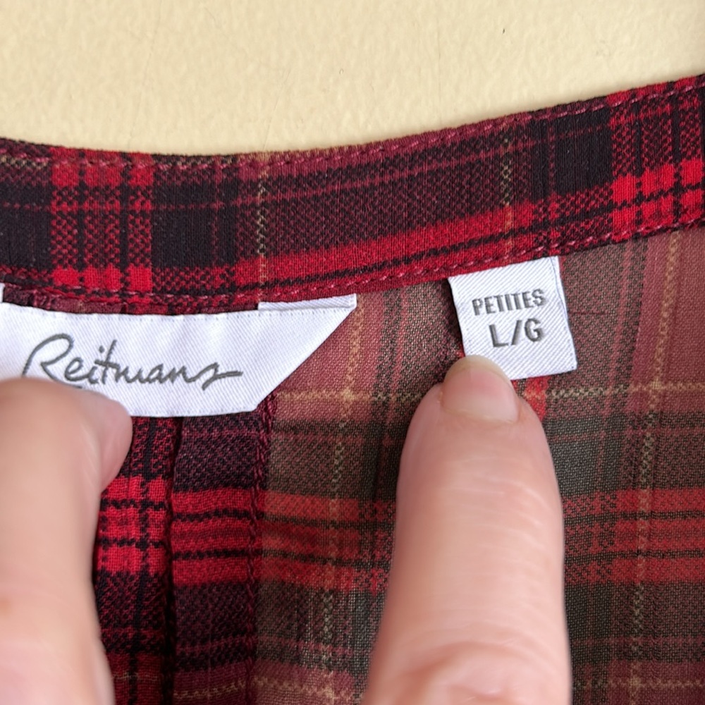 Reitmans women’s blouse red black plaid sheer large petite‎ - Picture 4 of 9